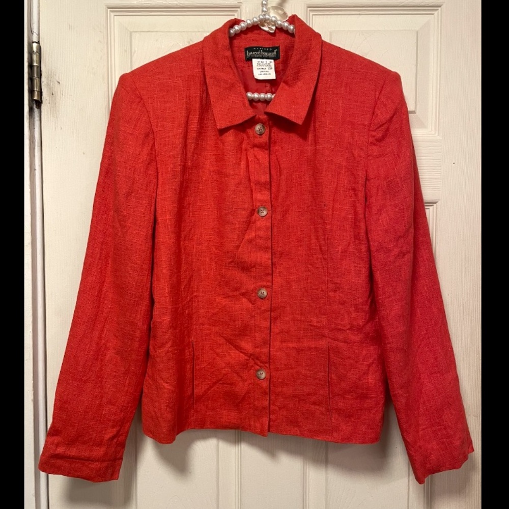 Vintage Harve Benard Women 12P Coral Pink 100% Linen Blazer Jacket Office